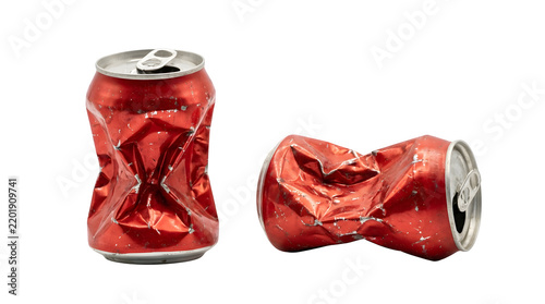 Two empty red soda cans are heavily crushed and isolated on a clear background