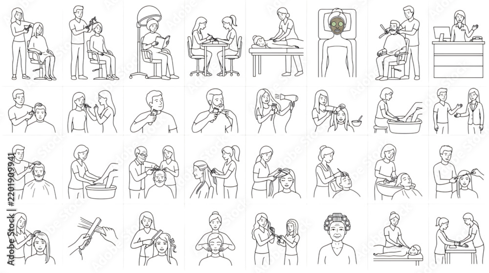 Obraz premium Hair and Beauty Salon Services Vector Illustrations Comprehensive Set of Grooming, Styling, and Spa Treatments for Modern Businesses