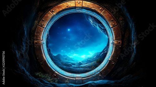 Futuristic submarine porthole view looking out at mystical alien ice cavern and deep ocean starry landscape