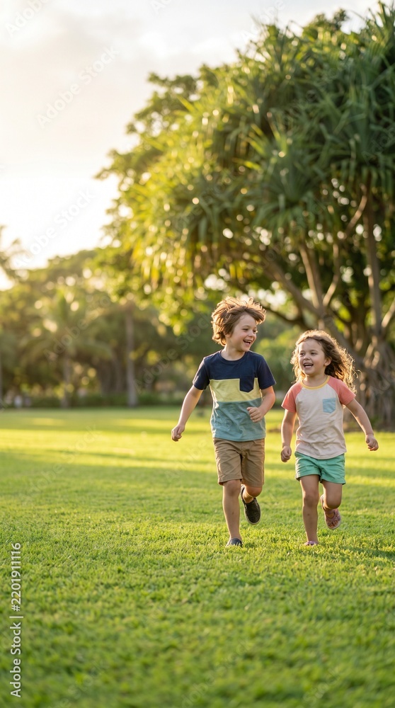 Fototapeta premium Two joyful young children, a boy and a girl, are running on a lush green lawn in a park. They are holding hands and smiling, their faces lit by the warm golden light of the setting sun.