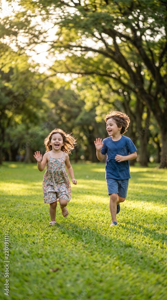 Fototapeta premium Two cheerful children, a boy and a girl, run through a sun-drenched park, their faces beaming with laughter and joy as they play amongst lush green grass and mature trees.