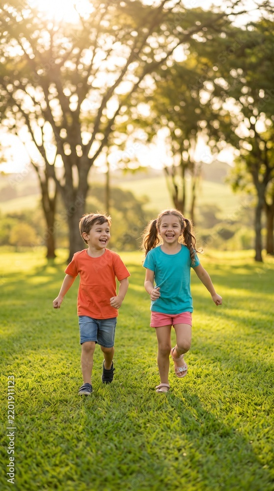 Fototapeta premium Two joyful children, a boy and a girl, with beaming smiles run through a sun-drenched park, their laughter echoing amidst the lush green grass and towering trees.