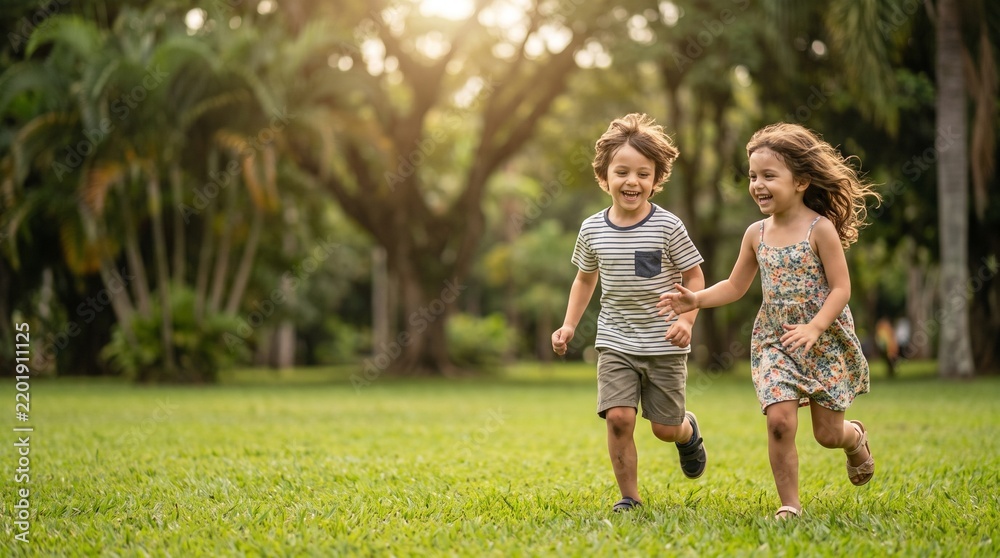 Fototapeta premium Two joyful children, a boy and a girl, hold hands while running barefoot across a lush green lawn in a park, bathed in the warm light of the sun filtering through the trees.