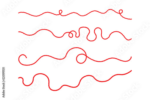 Long red thread icon. A red silk thread looped in a circle form, extending on both ends, symbolizing the red thread. Long red thread yarn rope line doodle isolated on white background. eps 10.