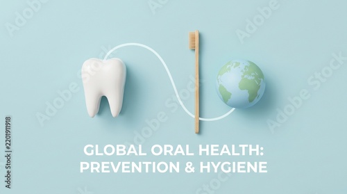 Minimal dental care concept with a white tooth shape, toothbrush, and globe on a pastel blue background, symbolizing global oral health, hygiene, prevention, and dentistry.