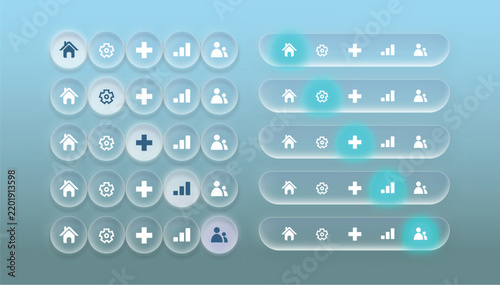 Frosted Glass Navigation Bar UI Icon Buttons with Neon Glow Highlight. Application Design Tab Bar.