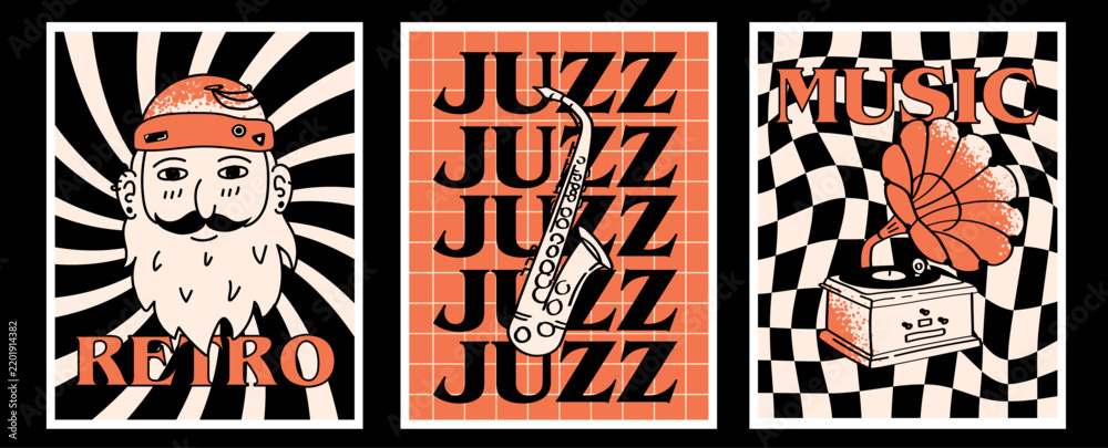 Fototapeta premium Retro jazz music festival posters set. Groovy 70s vector illustrations with saxophone, gramophone, and vintage portrait for party events.