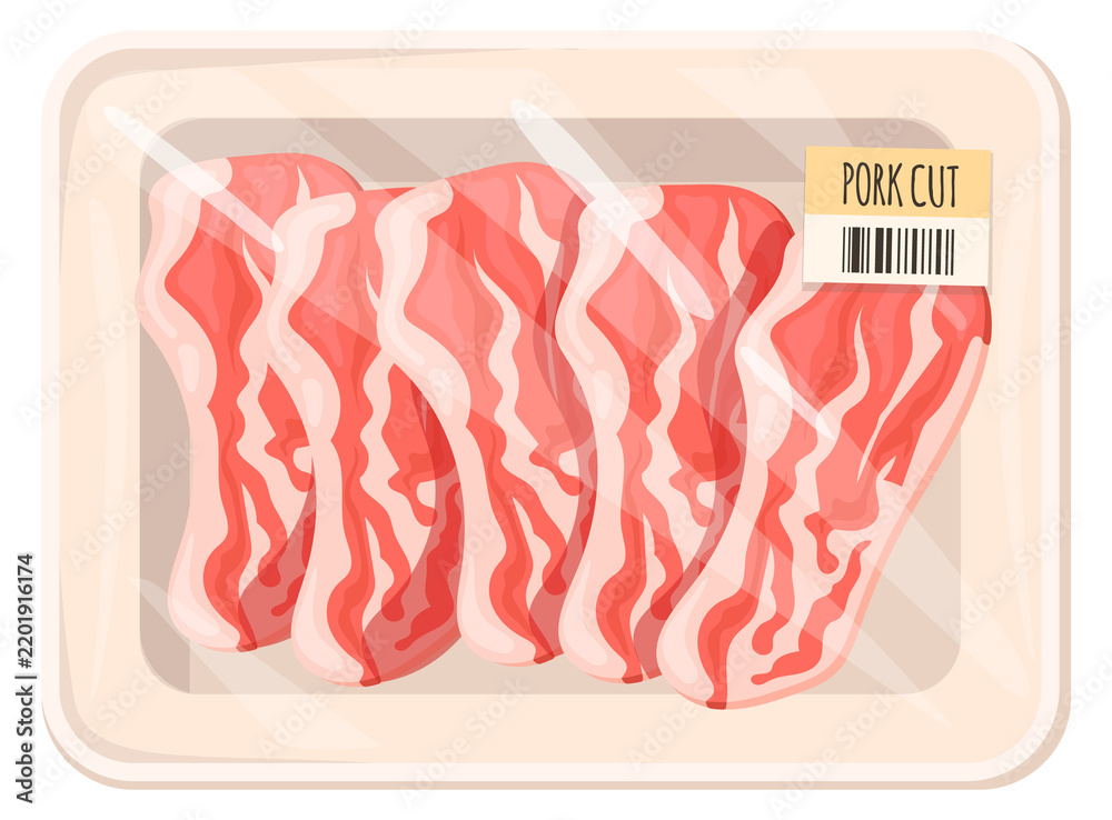 Obraz premium Bacon slice plastic wrap. Cartoon pork meat