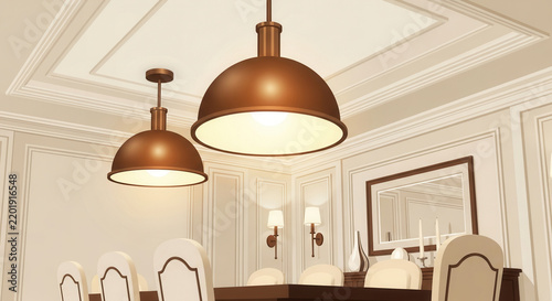 Elegant Dining Room With Copper Pendant Lights And Ornate Walls