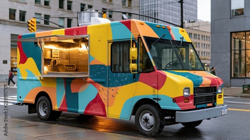 The Colorful Food Truck With Abstract Geometric Paintwork In A Busy City Street