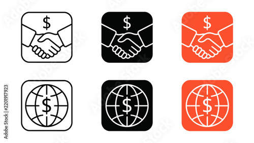Set of artificial intelligence and machine learning icons, including robot head, magic box, brain with gear and graph, humanrobot interaction, business handshake, and global finance symbols