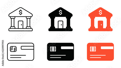 Collection of financial and banking icons including bank building and credit card symbols, presented in outline, solid black, and orange styles for business and fintech applications