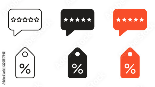 Set of ecommerce icons including customer reviews and discount price tags in outline, solid, and orange styles