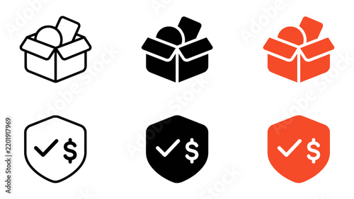 Set of ecommerce icons including open boxes and payment security shields in outline, solid, and orange styles