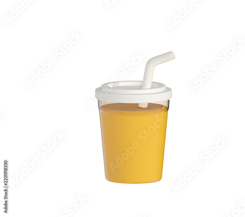 3D Orange Juice Takeaway Cup — Fresh bright orange fruit juice in clear plastic cup with white lid and straw.