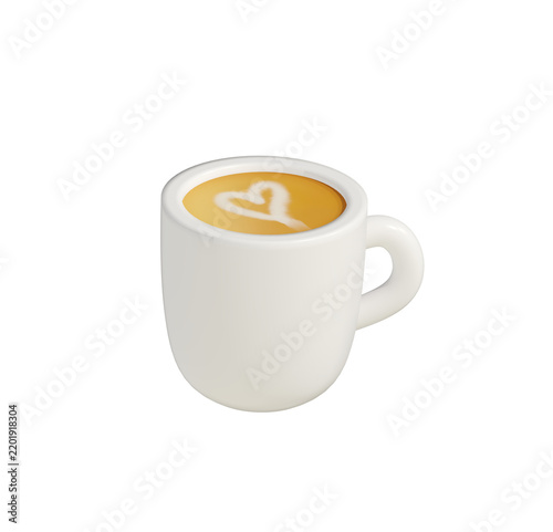 3D Coffee Cup with Heart Latte Art — White ceramic mug filled with creamy latte featuring heart-shaped milk foam design.