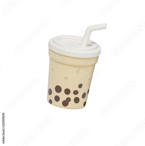 3D Bubble Milk Tea Takeaway Cup — Creamy milk tea with brown tapioca pearls in disposable cup with white lid and straw.