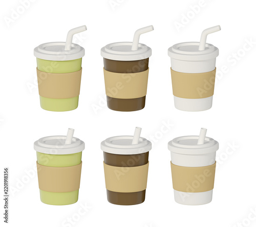 3D Takeaway Coffee Cups Set — Six disposable paper cups with lids, straws and protective sleeves, featuring matcha green, coffee brown and plain white designs.