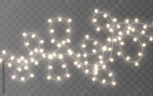 Bright golden Christmas lights arranged on a festive garland. Glowing bulbs add warmth and sparkle. Ideal for holiday cards and banners.