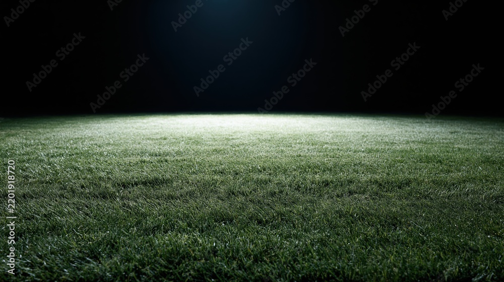 Obraz premium Illuminated grass football pitch at night viewed from ground level