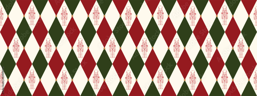 Obraz premium Christmas nutcracker seamless pattern with red and green argyle diamond shapes for holiday wrapping paper textile and festive party decoration