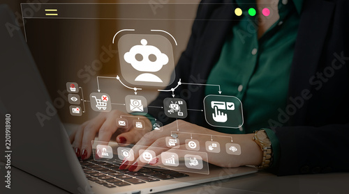 Business woman using laptop with AI automation for customer support, recovering lost sales, and buyer retention
