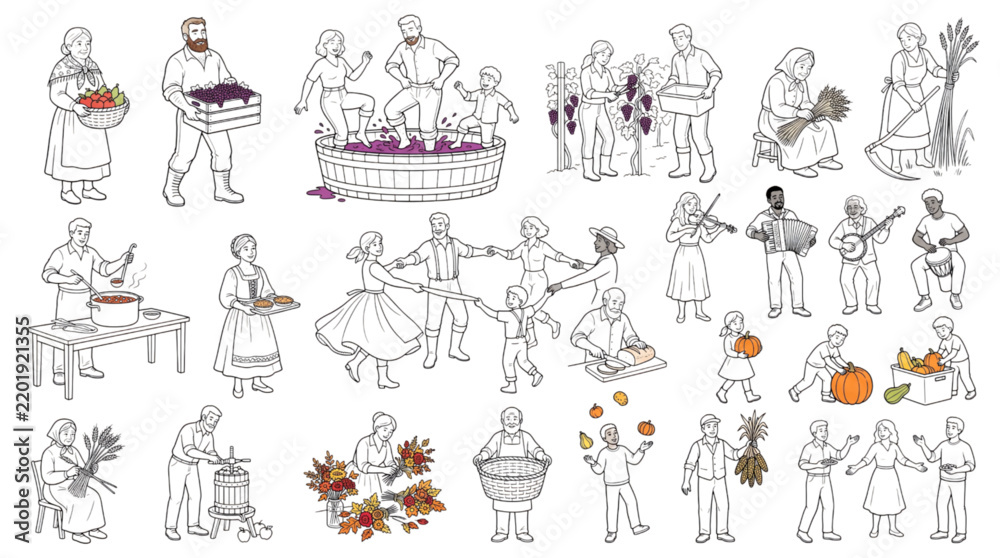 Fototapeta premium Vector sketches of traditional agricultural activities, farming, and cad lifestyle scenes