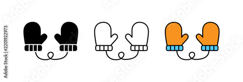 Winter mittens on string icon set. Warm knitted glove pair for children concept. Outline flat and colored vector illustration.