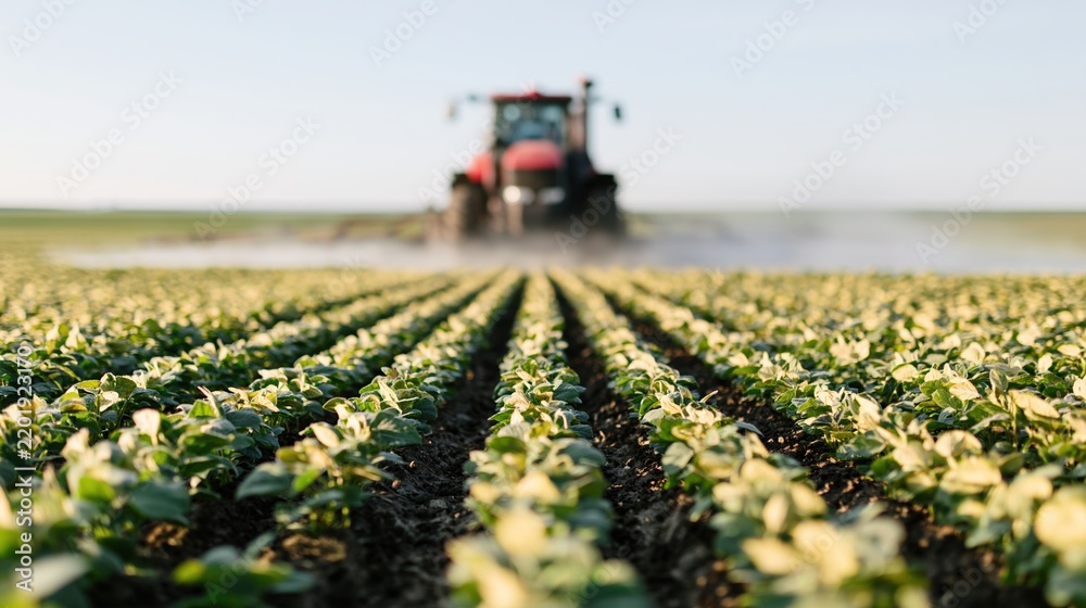 Obraz premium The Tractor in a Lush Field of Rows Under a Clear Sky