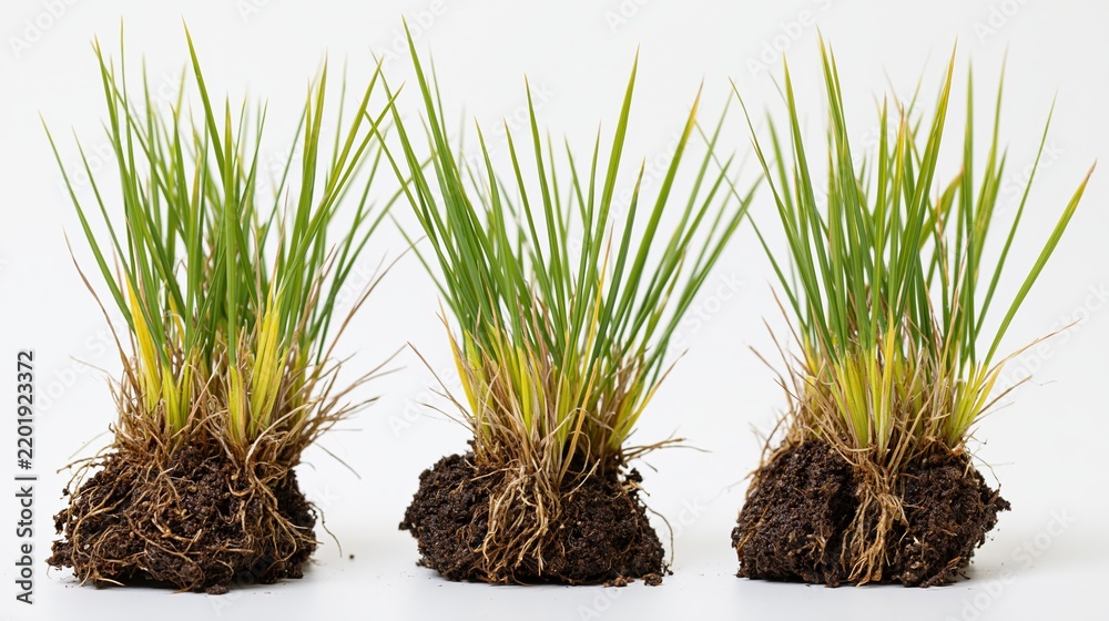 Obraz premium Three rice seedling clumps with exposed root balls on white background
