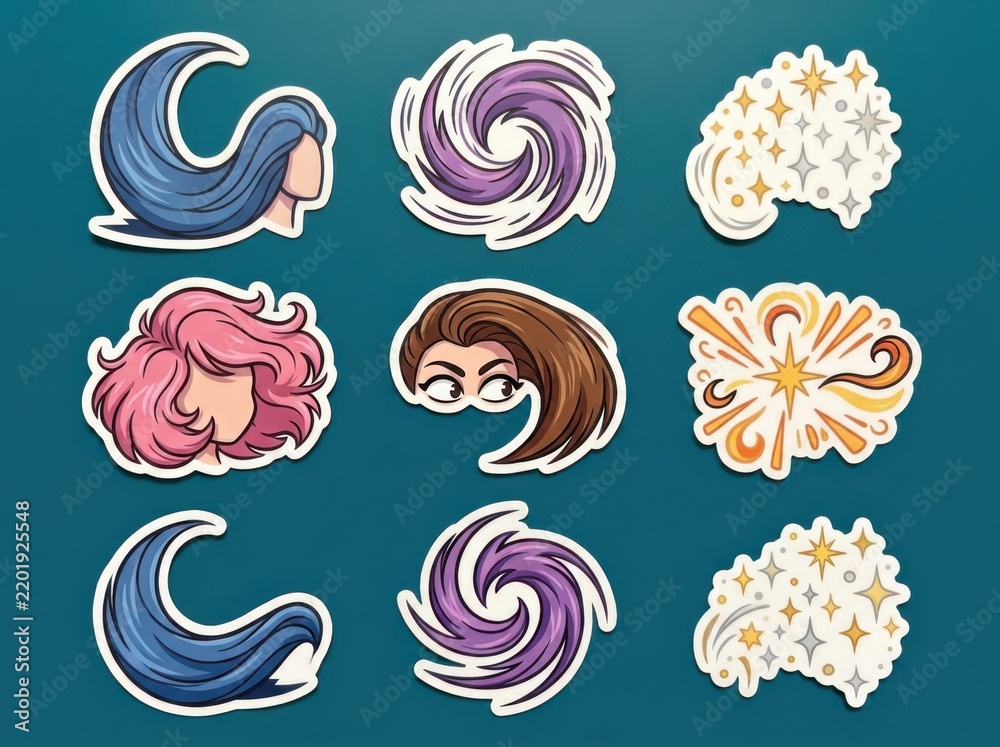 Fototapeta premium Hairdo sticker set with colorful cartoon hairstyles on teal
