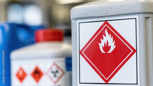 Close-up of flammable hazard warning label on white chemical container in industrial setting