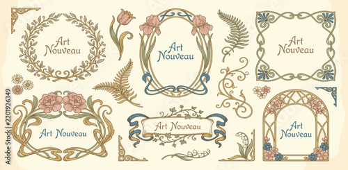 Art Nouveau vector collection on a transparent background with floral frame, iris ornament, decorative border and seamless pattern for invitation, card, textile, branding and vintage design