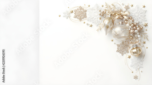Delicate white and champagne gold snowflakes, elegant glass Christmas ornaments and tiny golden stars forming a sophisticated upper right corner, premium holiday card illustration, pure white backgrou