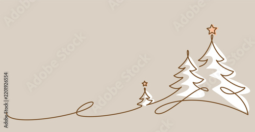 Christmas trees, minimalist holiday fir and pine trees with stars, line art vector illustration with white shapes on beige