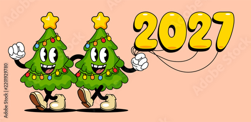 Funny Christmas Tree Characters Celebrating 2027 – New Year Holiday Vector Illustration