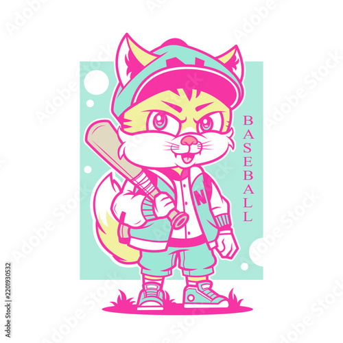 Cute Baseball Player Cat Vector Illustration with Bat and Varsity Jacket