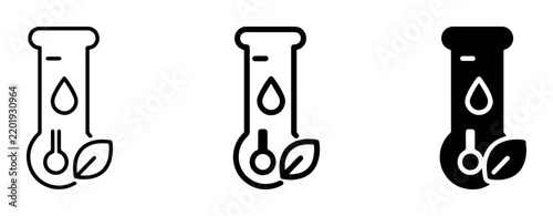 Eco-friendly science icons, laboratory test tube with leaf and water drop, research and development, clean energy concepts