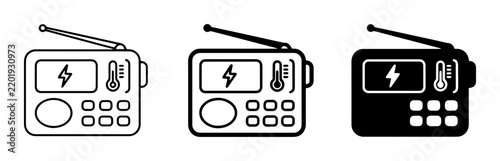 Emergency Radio Icons, Weather Alert Broadcast Receiver Set, Battery Power Indicator, Temperature Gauge, Communication Device Graphics