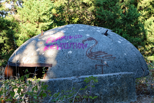 Defensive bunker with Flamingo Revolution graffiti on Sazan Island, Albania