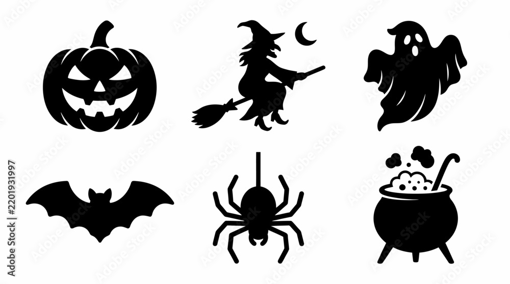 Fototapeta premium Halloween black silhouette icons set with pumpkin witch ghost and bat isolated on white background for editable eps