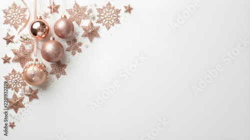 Rose gold Christmas baubles, delicate snowflakes and fine sparkling stars arranged in the upper left corner, luxurious festive card decoration, pure white background, large copy space, no text.