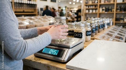 Customer placing a glass jar on electronic digital scale in zero waste store
