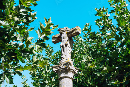 Traditional stone cross cruceiro sculpture surrounded by green tree leaves.