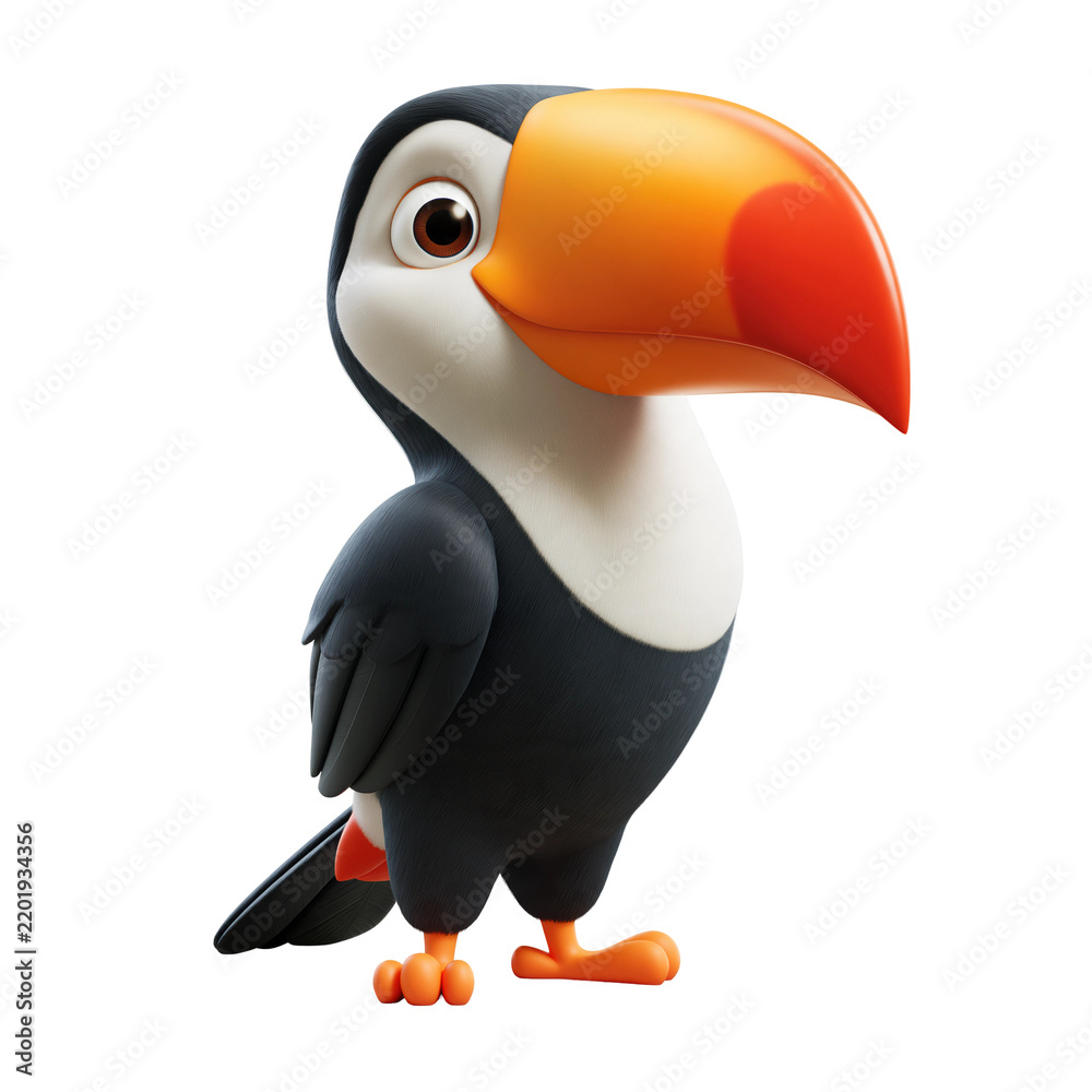 Obraz premium A cute 3D rendered toucan character with a large orange beak isolated on a white background