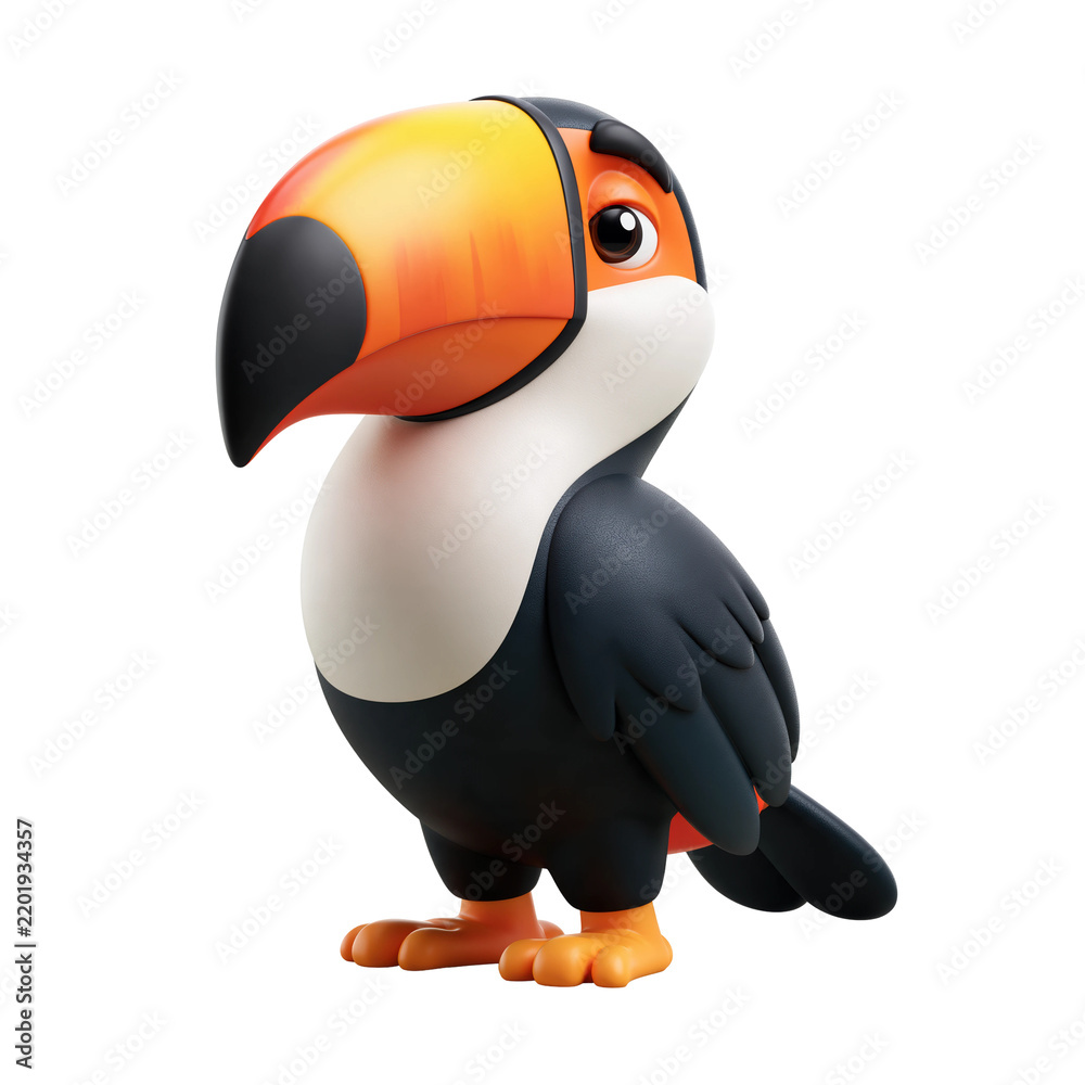 Obraz premium Cute 3D toucan character with a large orange beak isolated on a clean white background
