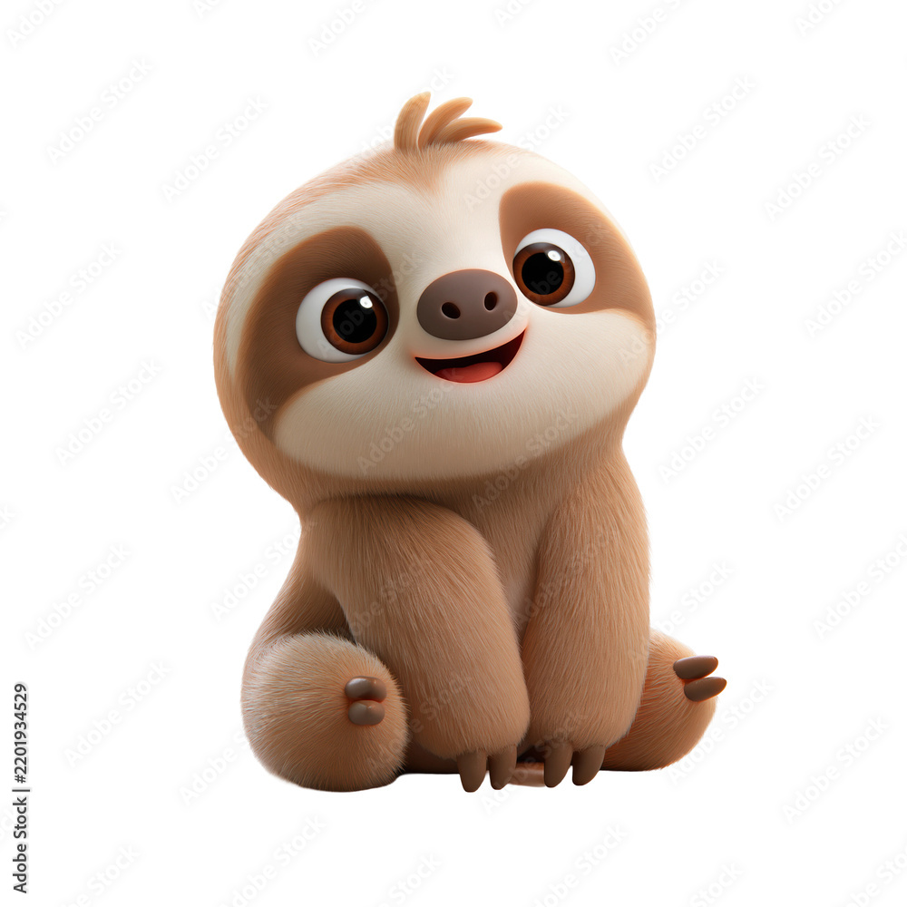 Obraz premium Adorable cartoon sloth character with big eyes sitting isolated on a clean white background