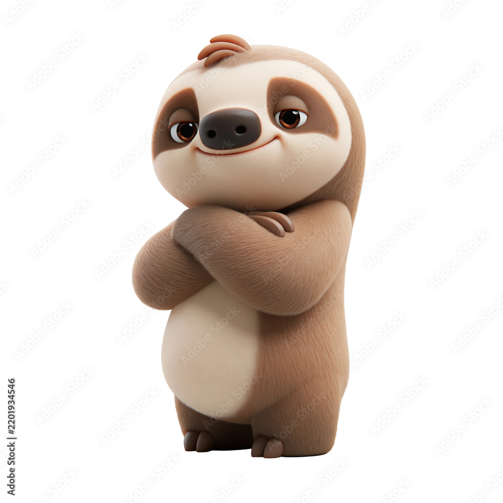Obraz premium A cute 3D rendered sloth character standing with arms crossed against a clean white background