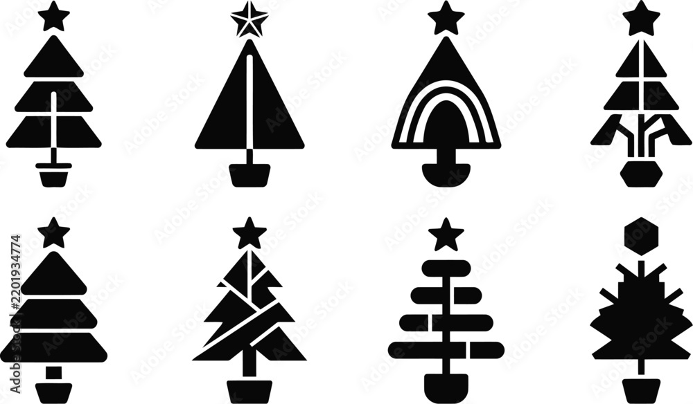 Fototapeta premium A Set Of Minimalist Geometric Christmas Tree Icons Featuring Various Abstract Shapes And Stars For Holiday Season Graphic Design, Seasonal Marketing, And Modern Festive Branding