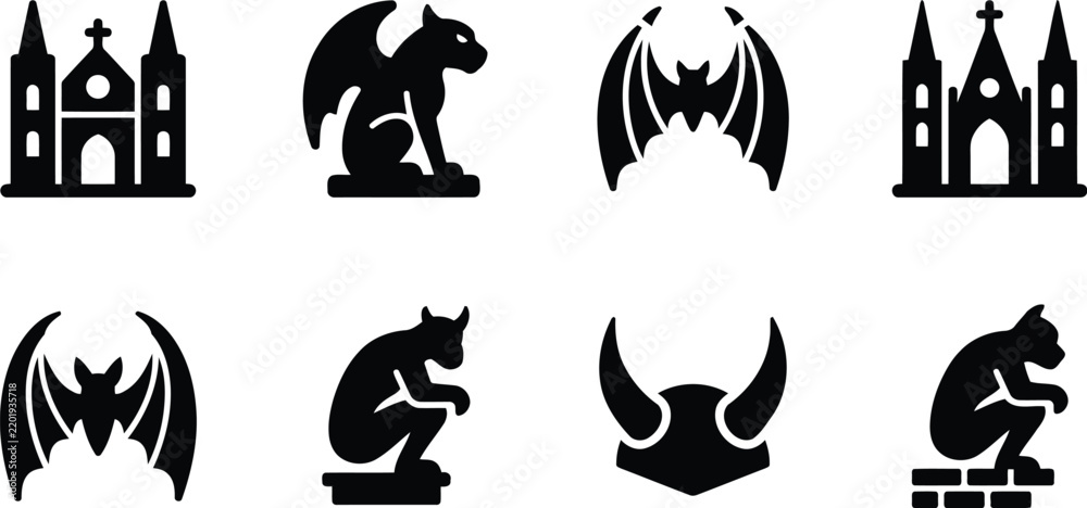 Obraz premium Minimalist Gothic Cathedral Architecture And Mythical Stone Gargoyle Silhouettes For Creative Historical Design Projects, Featuring Detailed Black Vector Symbols On A Clean Backdrop.